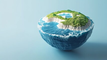 Half-sliced Earth model with green landmasses, blue oceans, and waterfall-like water flow on light blue background.