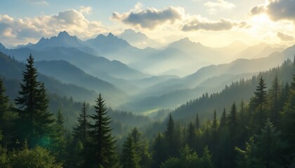 Obraz premium Mountain Majesty: A breathtaking panorama of a majestic mountain range, bathed in the soft golden light of dawn. The majestic peaks pierce the sky, their snow-capped summits reaching for the heavens.