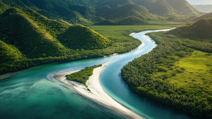 Serene river meanders through lush tropical landscape.  A pristine, winding river cuts through a vibrant green valley, bordered by hills and a sandy beach.  Turquoise water meets the lush vegetation