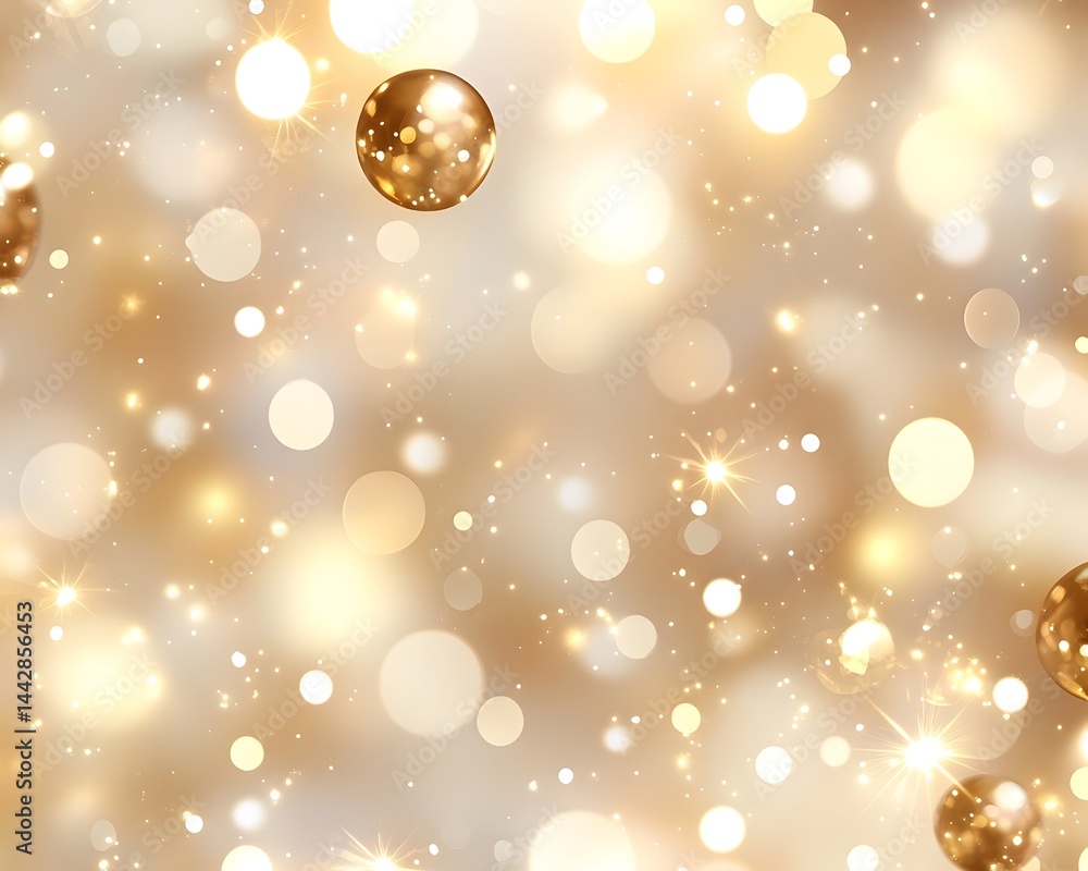 Poster shimmering gold bokeh background with floating spheres and sparkles, creating a festive, celebratory