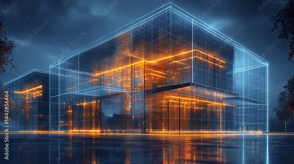 Poster modern architecture with transparent wireframe grid and glowing elements creates futuristic vibe