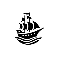 Stylized Black Sailing Ship Silhouette Icon Logo. Simple Nautical Maritime Symbol.