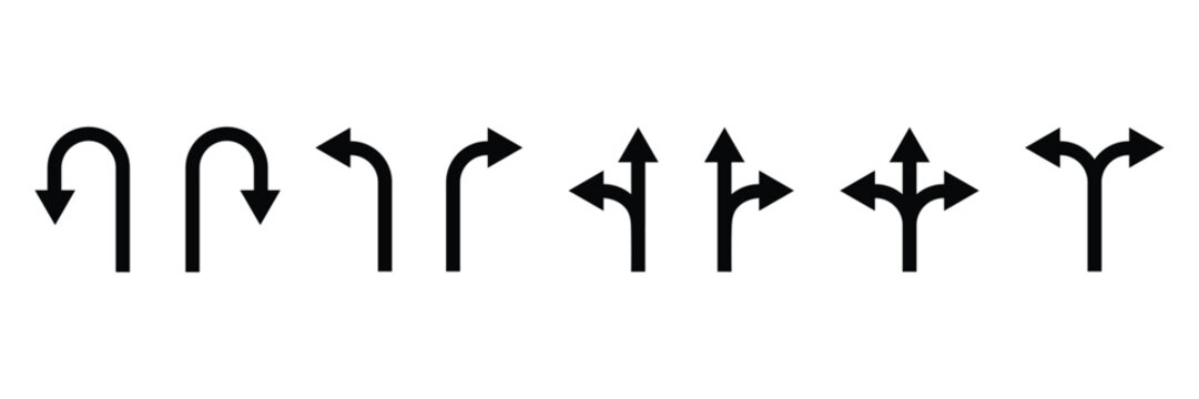 Road sign icon set with turn arrow symbol direction, navigation, guide, U-turn path, split way vector illustration for traffic transport map.