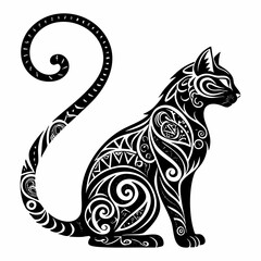 Ornate Black and White Tribal Cat Design Illustration