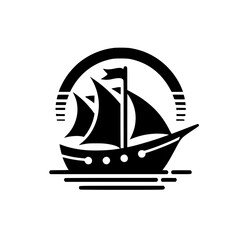 Minimalist Black and White Sailing Ship Emblem Logo Design Icon on White Background