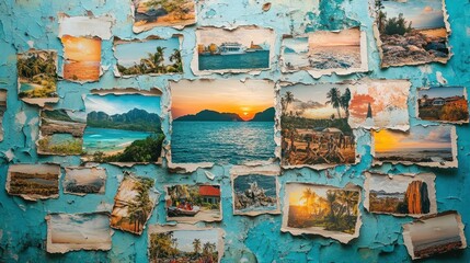 Vintage travel collage of tropical destinations on worn blue wall