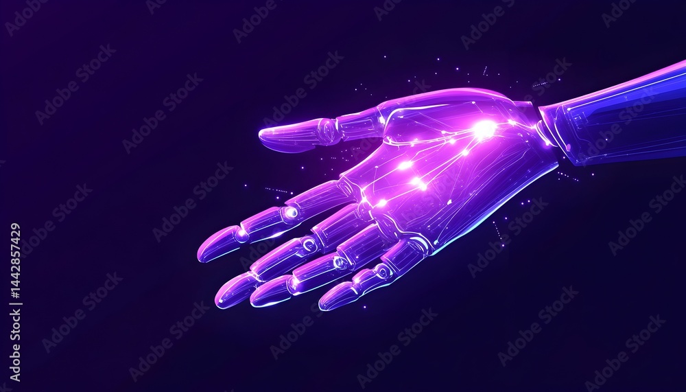 Poster translucent robotic hand with glowing joints, extending in a gesture of offering or connection again