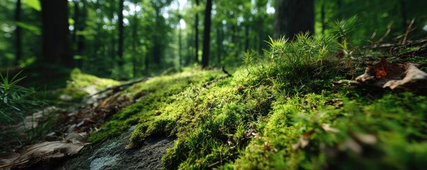 Fototapeta premium Green moss on beautiful landscape with natural colours concept. Lush green moss covering a forest floor.