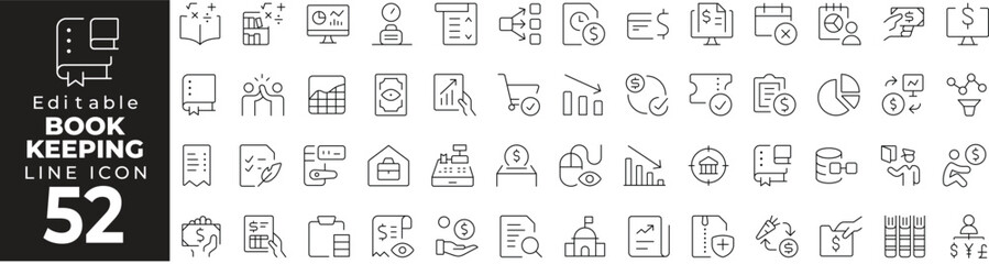 Bookkeeping Thin Line Icon Set. Finance, Accounting, Ledger, Taxes, and More. Vector Illustration.