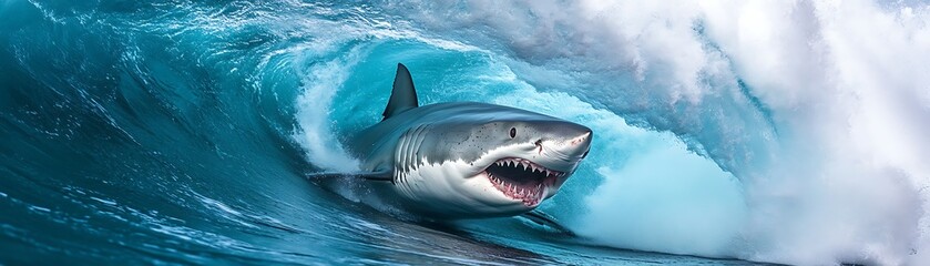 Fototapeta premium Great white shark riding ocean wave
