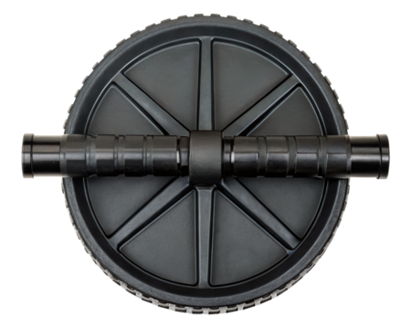 Ab roller wheel with dual handles for core strength exercise on a transparent background