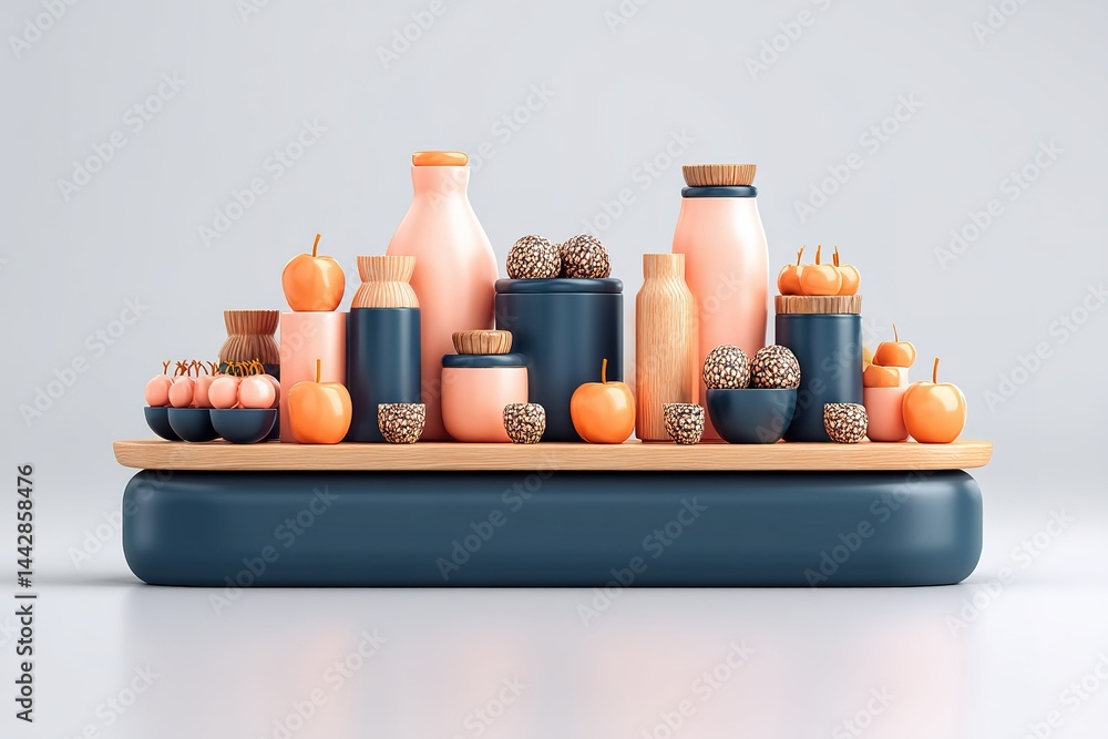 Poster elegant display of modern containers and fruits in pastel colors on a wooden platform in a minimalis