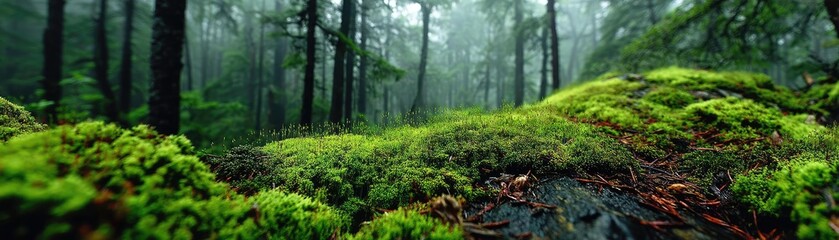 Fototapeta premium Green moss across peaceful landscape with natural beauty concept. Lush green moss covering a rocky surface in a tranquil forest.