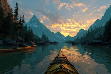 Kayaking at sunset in serene waters surrounded by majestic mountains and towering trees