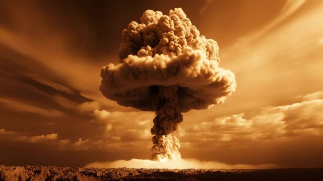 Dramatic mushroom nuke cloud rises into the sky with powerful explosion in slow motion on desolate landscape.