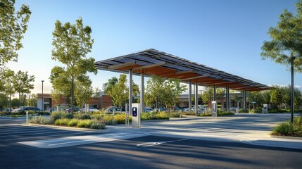 Naklejka premium Solar-powered carport with electric vehicle charging stations in modern parking lot