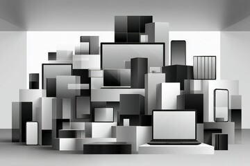 Abstract arrangement of black and white geometric shapes with a laptop and devices in a modern interior workspace