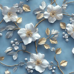 Elegant White Flowers on Blue Background with Golden Accents