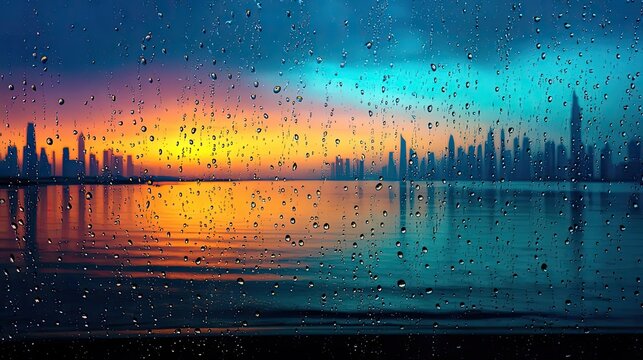 Fototapeta Raindrop on a window across cityscape with layered water texture concept. A vibrant sunset over a city skyline seen through raindrop patterns.