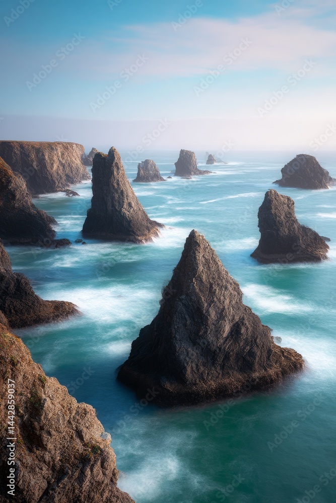 Poster a breathtaking coastal view with sharp sea stacks rising from a turquoise ocean, long-exposure waves