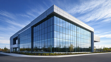 Fototapeta premium Modern commercial office building with large glass windows reflecting sky and surroundings