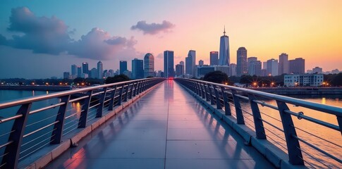 Modern pedestrian bridge with railings, cityscape backdrop, architecture, structure, landscape