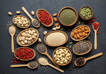 Rustic wooden bowls filled with vibrant superfoods, presenting a wholesome snacking scene with an appetizing nut assortment.