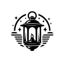 Stylized Black & White Lantern with Burning Flame and Stars Graphic Icon