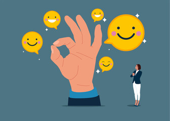 Hand shows the ok. Work motivation. Employee happiness, job satisfaction, company benefit, positive attitude. Flat vector illustration