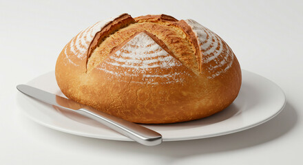 Freshly baked bread on a white plate with a knife, perfect for a delicious meal. Ideal for breakfast or brunch.