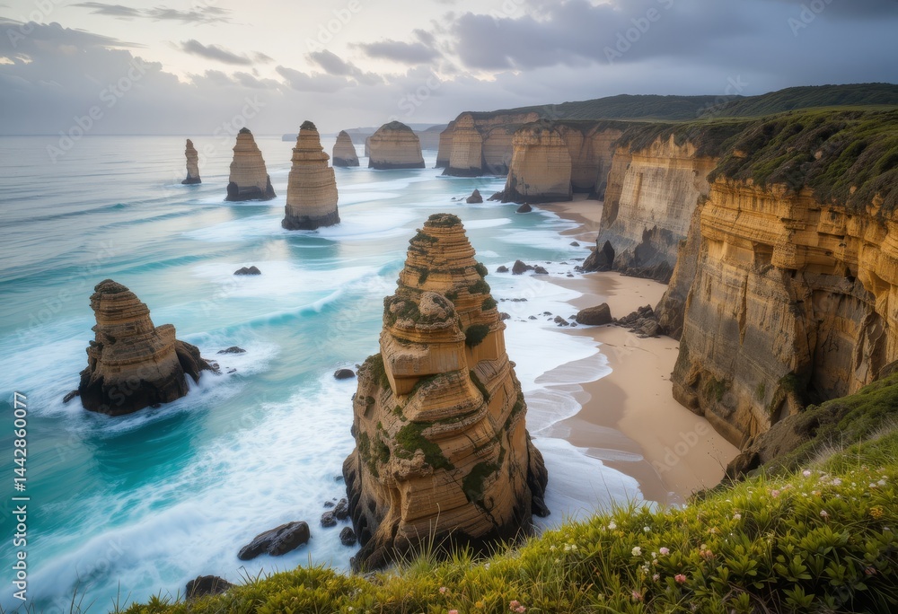 Poster a breathtaking coastal view with sharp sea stacks rising from a turquoise ocean, long-exposure waves