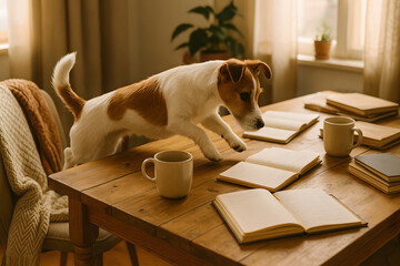 Jack Russell Terrier on Wooden Table with Books