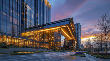 Modern corporate high rise buildings with reflective glass and vibrant sunset