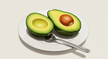 Two avocado halves on a white plate, one with the pit, next to a small spoon in the studio. Ready for breakfast or snack.
