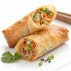delicious stack of crispy chinese spring rolls isolated on clean white background