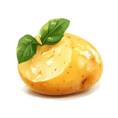 A vibrant illustration of a halved, golden potato, glistening with a buttery sheen, topped with fresh green leaves on a small plate.