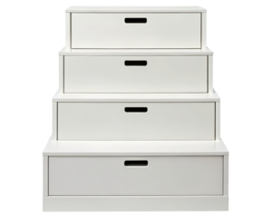Minimalist white storage drawers in a tiered staircase design on a transparent background