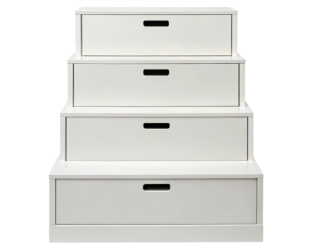 Minimalist white storage drawers in a tiered staircase design on a transparent background