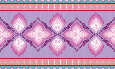 The blue border carpet pattern has a row of floral patterns in a row and in the middle of the pink there are beautiful flowers arranged in an orderly manner. Fabric patterns, vectors, purple