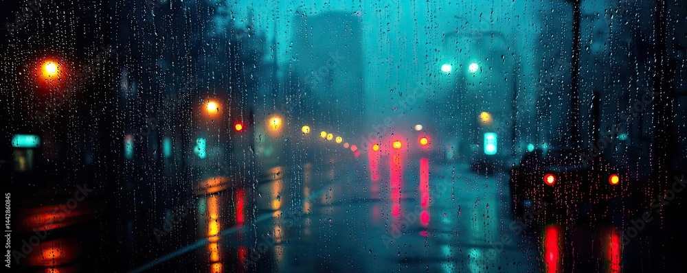 Poster raindrop on a window merging city atmosphere and rain pattern concept. a vibrant city scene illumina