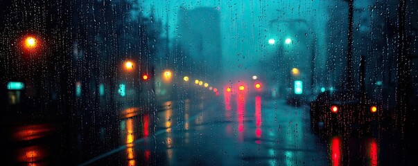 Fototapeta premium Raindrop on a window merging city atmosphere and rain pattern concept. A vibrant city scene illuminated by colorful lights in the rain.