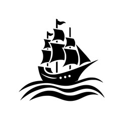 Minimalist Black Sailing Ship and Waves Silhouette Icon - Classic Nautical Graphic Design Element