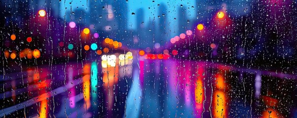 Raindrop on a window merging city atmosphere and rain pattern concept. Rainy city streets illuminated by colorful lights at night.