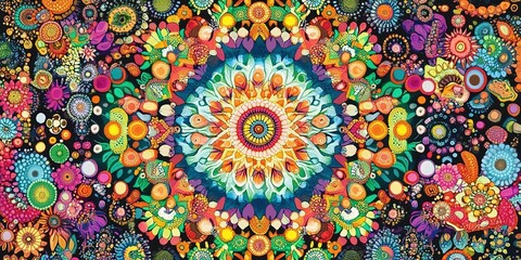 Obraz premium A colorful abstract painting of stylized flowers with a central large flower and smaller ones on a dark dotted background.
