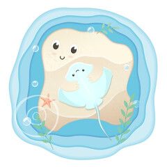 Sand hugging stingray, top-view. Sea-themed concept with smiling faces, seaweed, bubbles, starfish. Perfect for designs, kids books, greeting cards, love and friendship themes, marine-inspired decor.