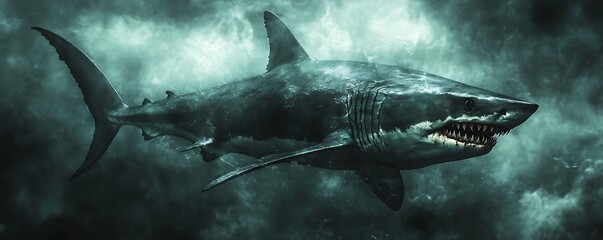Fototapeta premium Great White Shark in Stormy Ocean. Potential Stock Photo Use