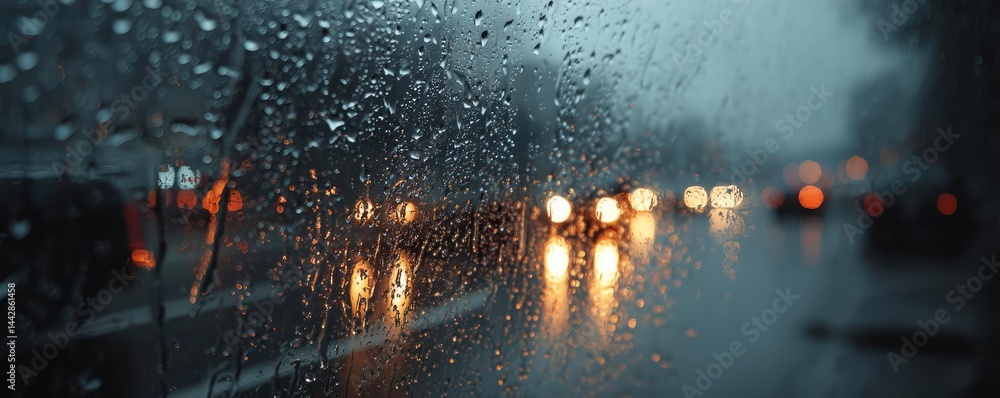 Aufkleber raindrop on a window merging city atmosphere and rain pattern concept. raindrops on glass create a b