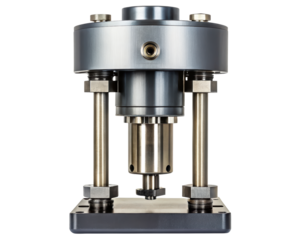 Precision industrial press machine with a robust metal frame on a transparent background