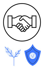 Handshake symbolizes agreement, shield with a tick signifies trust and safety, and a leaf portrays sustainability. Ideal for collaboration, ethics, eco-consciousness, partnerships, trust-building
