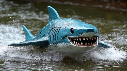 Fototapeta premium Shark sculpture glides through water, playful aquatic exhibit